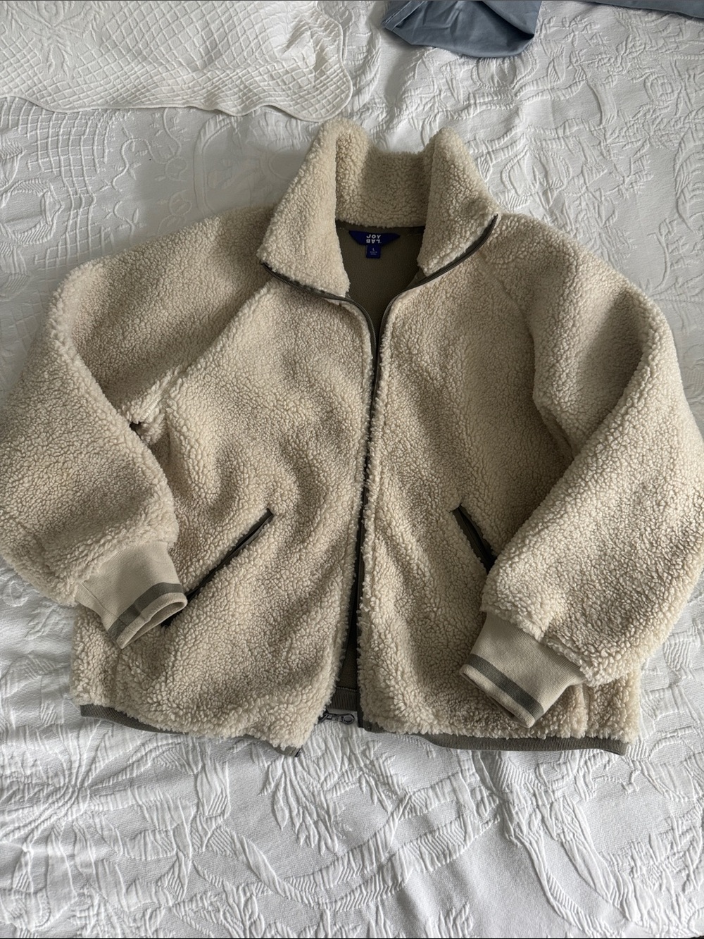 JoyLab Cream Sherpa Jacket with Olive Trim